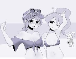 Rule 34 | 3girls, absurdres, animal ears, antennae, bikini, blush, breasts, cat ears, cat tail, cleavage, dr.kimochi, glasses, goggles, goggles on headwear, hat, highres, medium breasts, microphone, momoko (nyanko daisensou), moneko (nyanko daisensou), multiple girls, nyanko daisensou, one eye closed, ponytail, swimsuit, tail