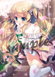 Rule 34 | 1girl, bad id, bad pixiv id, bendy straw, blonde hair, blurry, blurry background, blush, bow, brown bow, brown eyes, brown footwear, brown shirt, clothes lift, commentary request, cup, depth of field, disposable cup, dress, dress lift, drinking straw, flower, hair bow, holding, holding cup, long hair, long sleeves, looking away, mizuki yuuma, off-shoulder dress, off shoulder, open mouth, original, panties, petals, pink flower, puffy long sleeves, puffy sleeves, sample watermark, shirt, shoes, sleeves past wrists, solo, standing, standing on one leg, striped clothes, striped panties, thighhighs, tree, twintails, underwear, very long hair, watermark, white dress, white thighhighs, wind, wind lift