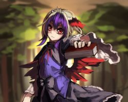 Rule 34 | 1girl, berabou, bird wings, black bow, book, bow, foreshortening, head wings, holding, holding book, horns, long sleeves, looking at viewer, multicolored hair, purple hair, red eyes, red wings, short hair, silver hair, single head wing, solo, tokiko (touhou), touhou, two-tone hair, upper body, wide sleeves, wings