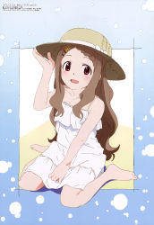 Rule 34 | 10s, 1girl, :d, absurdres, aoba kokona, bare shoulders, barefoot, between legs, blush, bow, braid, braided bangs, brown hat, china (animator), collarbone, dress, feet, flower, framed image, hair flower, hair ornament, hand between legs, hand on headwear, hat, hat bow, highres, light brown hair, long hair, looking at viewer, magazine scan, megami magazine, official art, on floor, open mouth, red eyes, scan, single braid, sleeveless, sleeveless dress, smile, solo, spaghetti strap, straw hat, toes, tongue, white bow, white dress, yama no susume