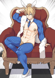Rule 34 | 1boy, abs, animal ears, blonde hair, blue pantyhose, commentary request, fate (series), fishnet pantyhose, fishnets, gawain (fate), green eyes, long sleeves, male focus, male playboy bunny, meme attire, muscular, navel, pantyhose, rabbit ears, reverse bunnysuit, reverse outfit, shiseki hirame, shoes, short hair, sitting, solo, white footwear