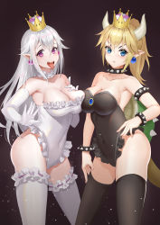 Rule 34 | 2girls, :d, :t, absurdres, adapted costume, armlet, armpits, asymmetrical docking, bare hips, bare shoulders, black leotard, blonde hair, blue eyes, blue gemstone, blush, bowsette, bracelet, breast press, breasts, bridal garter, brown background, cleavage, closed mouth, collar, collarbone, commentary request, contrapposto, covered navel, cowboy shot, crown, earrings, elbow gloves, frilled legwear, frilled leotard, frills, gem, gloves, hair between eyes, hand on own hip, hand on own chest, hand on own thigh, highleg, highleg leotard, highres, hongye feixue, horns, jewelry, large breasts, leotard, long hair, looking at viewer, luigi&#039;s mansion, mario (series), multiple girls, neck garter, new super mario bros. u deluxe, nintendo, open mouth, pointy ears, ponytail, pout, princess king boo, purple background, sharp teeth, sidelocks, smile, spiked armlet, spiked bracelet, spiked collar, spiked shell, spikes, standing, super crown, tail, teeth, thighhighs, thighs, tongue, tongue out, upper teeth only, v-shaped eyebrows, very long hair, white gloves, white hair, white legwear, white leotard