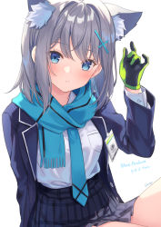 Rule 34 | 1girl, absurdres, animal ear fluff, animal ears, arm up, artist name, black skirt, blazer, blue archive, blue eyes, blue jacket, blue necktie, blue scarf, breast pocket, bright pupils, cat ears, character name, extra ears, fringe trim, gloves, hair ornament, hairclip, hand up, high-waist skirt, highres, id card, jacket, jimmy madomagi, long sleeves, looking at viewer, miniskirt, necktie, open clothes, open jacket, parted lips, plaid, plaid skirt, pleated skirt, pocket, scarf, school uniform, shiroko (blue archive), shirt, shirt tucked in, sidelocks, sitting, skirt, solo, translated, white background, white shirt