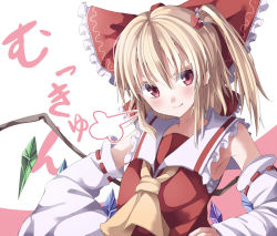 Rule 34 | 1girl, ascot, bare shoulders, blonde hair, blush, bow, cosplay, detached sleeves, fang, fang out, female focus, flandre scarlet, gurasion (gurasion), hair bow, hair tubes, hakurei reimu, hakurei reimu (cosplay), hands on own hips, japanese clothes, meme, miko, mujun-gatamari (meme), neta, red eyes, sarashi, short hair, side ponytail, smile, solo, touhou, translation request, v-shaped eyebrows, wings, yellow ascot