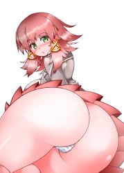 Rule 34 | 1girl, ass, ato (bfj315), blush, breasts, brown hair, cameltoe, gradient hair, green eyes, hair ornament, highres, huge ass, large breasts, looking at viewer, lying, multicolored hair, on side, panties, pink hair, quiz magic academy, red hair, ruquia, school uniform, shiny skin, short hair, simple background, skirt, solo, striped clothes, striped panties, thong, underwear, upskirt, white background, x hair ornament