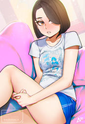 Rule 34 | 1girl, aurahack, blue shorts, breasts, brown eyes, brown hair, chromatic aberration, commentary, couch, english commentary, hair over one eye, highres, hugging own legs, looking at viewer, on couch, original, reclining, shirt, short shorts, shorts, small breasts, solo, t-shirt