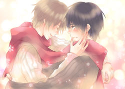 Rule 34 | 2boys, black hair, blush, brown hair, closed eyes, earrings, eyebrows, hand on another&#039;s face, harry potter (series), hug, jewelry, looking at another, male focus, multiple boys, multiple earrings, remus lupin, scarf, shiny skin, short hair, sirius black, snowflakes, wizarding world, yaoi