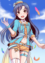 Rule 34 | 1girl, belt, blue belt, blue hair, blue sky, blush, brown eyes, chain, cloud, collar, collarbone, dan (orange train), day, feathers, gloves, hat, idolmaster, idolmaster (classic), jewelry, kisaragi chihaya, legs together, long hair, looking at viewer, midriff, navel, open mouth, orange shorts, parted bangs, ring, shiny skin, short shorts, shorts, single glove, single thighhigh, sky, smile, solo, star (symbol), thigh strap, thighhighs, thighs, white collar, white gloves, white thighhighs, wings