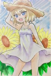 Rule 34 | 10s, 1girl, :d, blonde hair, blue eyes, blue sky, brown hat, commentary, cowboy shot, dress, fang, flower, girls und panzer, hand on headwear, hat, highres, katyusha (girls und panzer), looking at viewer, medium request, one-hour drawing challenge, open mouth, parda siko, short dress, short hair, sky, smile, solo, spaghetti strap, standing, straw hat, sun hat, sundress, sunflower, traditional media, twitter username, v-shaped eyebrows, white dress, wind
