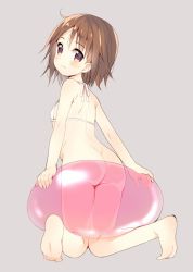 Rule 34 | 1girl, ass, barefoot, bikini, blush, bottomless, brown hair, eyebrows, from behind, full body, halterneck, halterneck, looking at viewer, looking back, meito (maze), original, see-through, short hair, simple background, smile, solo, swimsuit, white bikini