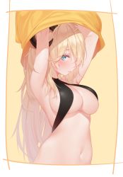 Rule 34 | 1girl, absurdres, ahoge, armpits, blonde hair, blue eyes, blush, borrowed character, breasts, character request, clothes lift, copyright request, highres, horns, long hair, looking at viewer, mokew, navel, shirt lift, simple background, solo