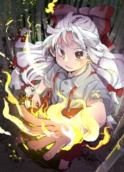 Rule 34 | 1girl, absurdres, bamboo, bow, bright pupils, fire, from above, fujiwara no mokou, full body, grey shirt, hair bow, highres, inuyama konan, light particles, long hair, looking at viewer, magic, multiple hair bows, pants, parted lips, reaching, reaching towards viewer, red eyes, red pants, ringed eyes, shirt, short sleeves, solo, standing, suspenders, touhou, white hair
