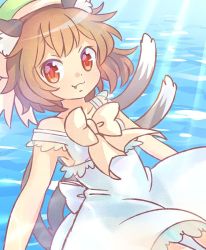 Rule 34 | 1girl, :3, alternate costume, animal ears, armpits, bow, brown eyes, brown hair, cat ears, cat tail, chen, commentary request, dress, fang, ibaraki natou, multiple tails, nekomata, one-hour drawing challenge, short hair, solo, tail, touhou, two tails, white dress