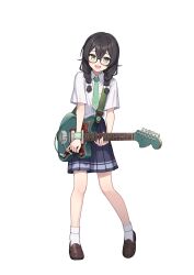 Rule 34 | 1girl, absurdres, black hair, blue skirt, bow, braid, breast pocket, brown footwear, cevio, collared shirt, crossed bangs, electric guitar, flat chest, full body, glasses, green eyes, green necktie, guitar, hair between eyes, hair bow, hanakuma chifuyu, heel up, highres, holding, holding instrument, holding plectrum, instrument, kaito (k4itoh), light brown hair, loafers, long hair, looking at viewer, necktie, open mouth, plectrum, pocket, second-party source, shirt, shoes, short sleeves, skirt, smile, socks, solo, standing, synthesizer v, transparent background, twin braids, white shirt, white socks