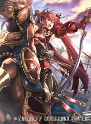 Rule 34 | 1girl, armor, arrow (projectile), barding, boots, bow (weapon), breasts, castle, cleavage cutout, clothing cutout, drawing bow, fire emblem, fire emblem cipher, fire emblem fates, gloves, hair ribbon, hip vent, holding bow (weapon), horseback riding, long hair, nagahama megumi, nintendo, official art, open mouth, red eyes, red hair, ribbon, riding, selena (fire emblem fates), serious, small breasts, solo, teeth, twintails, very long hair, weapon