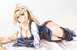 Rule 34 | 10s, 1girl, armor, asymmetrical clothes, bare shoulders, bed sheet, blonde hair, blue eyes, breastplate, breasts, chest plate, cleavage, flower, flower on head, gauntlets, granblue fantasy, greaves, hair flower, hair ornament, highres, jeanne d&#039;arc (granblue fantasy), large breasts, light smile, lips, long hair, looking at viewer, low ponytail, lying, on stomach, original, solo, terry (pixiv3274443), very long hair
