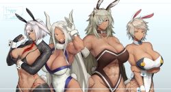 Rule 34 | 4girls, abs, absurdres, animal ear fluff, animal ears, arm under breasts, armpits, arms up, between breasts, biceps, bikini, black bikini, black gloves, blazblue, blue eyes, blush, boku no hero academia, grabbing another&#039;s breast, breast hold, breasts, bullet (blazblue), caenis (fate), cleavage, crossover, dark-skinned female, dark skin, detached collar, wrist cuffs, detached sleeves, eyepatch, fake animal ears, fake tail, fate/grand order, fate (series), female focus, fingerless gloves, ghislaine dedoldia, gloves, grabbing, grey hair, grin, hair intakes, happy easter, highleg, highleg leotard, highleg panties, highres, large breasts, leotard, looking at viewer, meme attire, micro bikini, mirko, multiple girls, muscular, muscular female, mushoku tensei, nail polish, navel, necktie, necktie between breasts, novum, one eye closed, panties, parted lips, rabbit ears, rabbit tail, red eyes, red necktie, reverse bunnysuit, reverse outfit, scar, short hair, shrug (clothing), simple background, smile, spiked hair, swimsuit, tail, teeth, trait connection, underwear, white gloves, white hair, white leotard, white nails