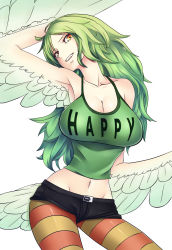 Rule 34 | 1girl, arm behind head, armpits, breasts, cleavage, clothes writing, collarbone, cowboy shot, derivative work, feathered wings, green hair, groin, harpy, head tilt, highres, impossible clothes, impossible shirt, large breasts, lchrno, long hair, looking at viewer, midriff, monet (one piece), monster girl, navel, one piece, pantyhose, parted lips, shirt, short shorts, shorts, simple background, smile, solo, striped clothes, striped pantyhose, tank top, teeth, wavy hair, white background, winged arms, wings, yellow eyes