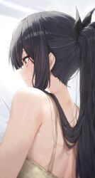 Rule 34 | 1girl, absurdres, bare shoulders, black hair, black ribbon, blue hair, closed mouth, copyright request, from behind, hair over shoulder, hair ribbon, highres, huhi (huhi 1211), long hair, multicolored hair, red eyes, ribbon, solo, two-tone hair, upper body, virtual youtuber