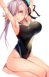 Rule 34 | 1girl, armpits, arms behind head, arms up, asymmetrical hair, bare shoulders, black one-piece swimsuit, black ribbon, blue eyes, blue one-piece swimsuit, breasts, bun cover, closed mouth, collarbone, competition swimsuit, covered navel, fate/grand order, fate (series), feet, from side, full body, hair between eyes, hair bun, hair ribbon, highleg, highleg swimsuit, highres, kei (soundcross), large breasts, legs together, long hair, looking at viewer, miyamoto musashi (fate), miyamoto musashi (fate/grand order), miyamoto musashi (swimsuit berserker) (fate), miyamoto musashi (swimsuit berserker) (first ascension) (fate), one-piece swimsuit, pink hair, ribbon, seiza, simple background, single side bun, sitting, smile, solo, swept bangs, swimsuit, thighs, two-tone swimsuit, v-shaped eyebrows, white background