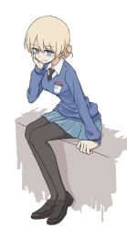 Rule 34 | 1girl, black footwear, black necktie, black pantyhose, blonde hair, blue eyes, blue skirt, blue sweater, braid, closed mouth, commentary, darjeeling (girls und panzer), dress shirt, emblem, full body, girls und panzer, hand on own face, highres, leaning forward, loafers, long sleeves, looking at viewer, miniskirt, necktie, pantyhose, pleated skirt, school uniform, shirt, shoes, short hair, simple background, sitting, skirt, smile, solo, st. gloriana&#039;s (emblem), st. gloriana&#039;s school uniform, sweater, takedabu, twin braids, v-neck, white background, white shirt, wing collar