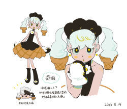 Rule 34 | 1girl, bare shoulders, black dress, black footwear, black headwear, black socks, blue eyes, blush, chinese commentary, chinese text, commentary request, cropped torso, dress, earrings, flower, food, food-themed clothes, full body, guu (hakahonoo), hair as food, hand up, headdress, ice cream, jewelry, long hair, looking at viewer, mittens, multiple views, open mouth, original, simple background, sleeveless, sleeveless dress, smile, socks, standing, translation request, twintails, white background, white flower, white hair, yellow pupils