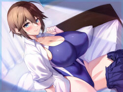 Rule 34 | 1girl, bed, blue eyes, blue one-piece swimsuit, blue skirt, breasts, brown eyes, collared shirt, commentary request, competition swimsuit, dress shirt, dutch angle, large breasts, one-piece swimsuit, open clothes, open shirt, original, pillow, pleated skirt, school uniform, shirt, short hair, skirt, skirt around one leg, solo, swimsuit, takeda aranobu, white shirt