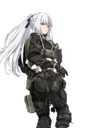 Rule 34 | 1girl, ak-12 (girls&#039; frontline), alternate costume, black pants, braid, buckle, collared jacket, expressionless, feet out of frame, french braid, girls&#039; frontline, grey hair, gun, handgun, highres, jacket, long hair, looking at viewer, looking back, midriff, military, mutugorou u, pants, parted lips, pouch, purple eyes, simple background, snap-fit buckle, solo, standing, tactical clothes, thigh pouch, unusually open eyes, weapon, white background