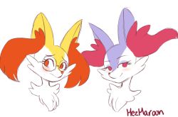 Rule 34 | 2girls, alternate color, animal ear fluff, animal ears, artist name, bespectacled, blush, braixen, closed mouth, creatures (company), face, female focus, fox ears, furry, furry female, game freak, gen 6 pokemon, glasses, half-closed eyes, happy, looking to the side, mezmaroon, multiple girls, nintendo, pokemon, pokemon (creature), red eyes, shiny pokemon, signature, simple background, smile, white background