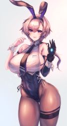 Rule 34 | 1girl, :d, absurdres, animal ears, arm strap, azur lane, bare shoulders, black bra, black gloves, black leotard, black neckwear, black pantyhose, blouse, bow, bowtie, bra, breasts, collarbone, collared shirt, covered navel, cowboy shot, denchi more power, earrings, elbow gloves, fake animal ears, gloves, grey hair, groin, hair between eyes, hair ribbon, hands up, highres, jewelry, large breasts, leotard, long hair, looking at viewer, low ponytail, metal gloves, necktie, official alternate costume, open mouth, pantyhose, parted hair, playboy bunny, purple eyes, rabbit ears, reno (azur lane), reno (reno bunnino) (azur lane), ribbon, see-through, see-through shirt, shirt, side-tie leotard, sidelocks, simple background, single elbow glove, sleeveless, sleeveless shirt, smile, solo, standing, stud earrings, thigh gap, thigh strap, underwear, white background, white bow, white bowtie, white shirt, wrist cuffs