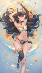 Rule 34 | 1girl, absurdres, armlet, armpits, arms up, bare legs, bare shoulders, black hair, black thighhighs, breasts, cleavage, collar, deme (karesuki), earrings, fate/grand order, fate (series), floating hair, flower, hair ribbon, highres, holding hands, hoop earrings, ishtar (fate), jewelry, long hair, looking at viewer, lying, medium breasts, midriff, navel, on back, orange flower, parted bangs, pink flower, red eyes, revealing clothes, ribbon, ripples, single thighhigh, smile, solo, solo focus, thighhighs, thighs, very long hair, water, yellow flower
