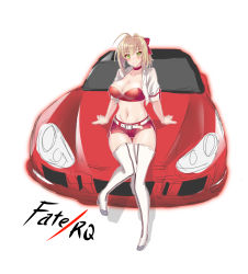 Rule 34 | 10s, 1girl, ahoge, arm support, belt, blonde hair, blush, boots, bow, breasts, bustier, car, choker, cleavage, fate/extra, fate (series), full body, green eyes, hair bow, hair intakes, highres, large breasts, looking at viewer, motor vehicle, navel, nero claudius (fate), nero claudius (fate) (all), nero claudius (fate/extra), official alternate costume, on vehicle, race queen, red shorts, short hair, short shorts, shorts, sitting, smile, thigh boots, thighhighs, vehicle focus, white footwear, white thighhighs, wing (wingxx01w), zipper