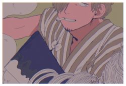 Rule 34 | 1boy, arm up, blue eyes, cigarette, cigarette butt, cleaver, close-up, cooking, cutting, film grain, food, hel22, highres, kitchen knife, looking at viewer, male focus, noodles, one piece, robe, sanji (one piece), simple background, smile, soba, solo
