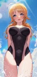 Rule 34 | 1girl, 24riside, absurdres, ahoge, arms behind back, black one-piece swimsuit, blonde hair, blue eyes, blue sky, breasts, cloud, commentary, commission, competition swimsuit, covered navel, cowboy shot, hachimiya meguru, hair flaps, highres, idolmaster, idolmaster shiny colors, large breasts, looking at viewer, low twintails, one-piece swimsuit, pixiv commission, sky, solo, standing, swimsuit, twintails, two-tone swimsuit