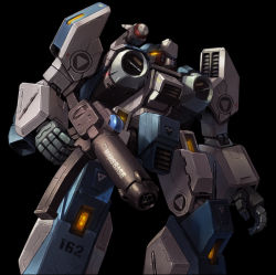 Rule 34 | black background, commentary, english commentary, english text, glowing, glowing eye, gun, holding, holding gun, holding weapon, kikou souseiki mospeada, legioss, looking up, mecha, mospeada, no humans, open hand, orange eyes, realistic, robot, science fiction, simple background, solo, taedu, weapon