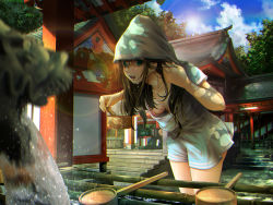 Rule 34 | 1girl, architecture, bad id, bad pixiv id, bamboo, black hair, blue eyes, blue sky, blurry, blush, bokeh, bra, breasts, brushing hair, cleavage, cloud, collarbone, comb, cowboy shot, day, depth of field, downblouse, dripping, east asian architecture, fountain, tucking hair, hishaku, hood, leaning forward, lens flare, long hair, looking at viewer, medium breasts, open mouth, original, outdoors, shoichi (ekakijin), short sleeves, shorts, sky, solo, stairs, standing, statue, summer, sun, teeth, temple, tree, underwear, water, wet