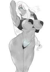 Rule 34 | 1girl, absurdres, areola slip, arm behind back, arm behind head, arm up, armpits, blue eyes, bra, brashear lushert, breast cutout, breasts, collarbone, commentary request, cupless bra, genshin impact, greyscale, hair over one eye, highleg, highleg panties, highres, knees up, large breasts, lips, long hair, looking at viewer, micro panties, midriff, monochrome, multiple monochrome, navel, panties, parted lips, pasties, pubic tattoo, shenhe (genshin impact), simple background, solo, sports bra, standing, star pasties, tattoo, thick thighs, thighs, underwear, very long hair, white background
