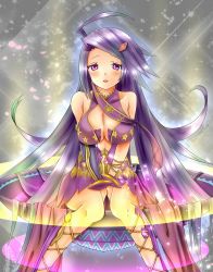 Rule 34 | 1girl, ahoge, bare shoulders, between legs, blush, breasts, cross-laced footwear, dress, eschamali (p&amp;d), hair ornament, hairclip, hand between legs, large breasts, long hair, looking at viewer, open mouth, petals, purple eyes, purple hair, puzzle &amp; dragons, ryuu (blackdeeno), sitting, solo, sparkle, v arms, very long hair