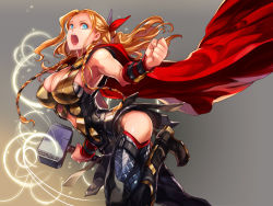 Rule 34 | 1girl, animification, armor, blonde hair, blue eyes, boots, braid, breasts, cape, cleavage, female focus, genderswap, genderswap (mtf), hair ribbon, hammer, huge breasts, marvel, mjolnir (marvel), nikumeron, open mouth, ponytail, ribbon, side braid, solo, thigh boots, thighhighs, thor (marvel), twin braids