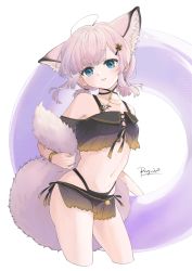 Rule 34 | 1girl, absurdres, ahoge, animal ear fluff, animal ears, arknights, bikini, black bikini, black choker, blue eyes, brown hair, chinese commentary, choker, collarbone, commentary, cowboy shot, cropped legs, cross hair ornament, extra ears, flat chest, fox ears, fox girl, fox tail, front-tie bikini top, front-tie top, hair ornament, highres, holding, holding swim ring, holding tail, innertube, kurosawaprynio, looking at viewer, material growth, navel, off-shoulder bikini, off shoulder, official alternate costume, oripathy lesion (arknights), parted lips, pendant choker, short hair, short twintails, side-tie bikini bottom, simple background, solo, stomach, sussurro (arknights), sussurro (summer flower) (arknights), swim ring, swimsuit, tail, twintails, white background, wristband