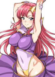 Rule 34 | 1girl, armpits, arms up, blue eyes, breasts, commentary request, cowboy shot, gloves, gundam, gundam seed, gundam seed destiny, hair ornament, highleg, highleg leotard, highres, large breasts, leotard, long hair, looking at viewer, meer campbell, multicolored leotard, pink hair, purple skirt, simple background, skirt, smile, solo, star (symbol), star hair ornament, tsurui, white background, white gloves