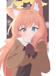 Rule 34 | 1girl, absurdres, animal ear fluff, animal ears, black dress, blue archive, blue eyes, blush, brown coat, brown gloves, coat, dress, gloves, hagoonha, halo, highres, long hair, long sleeves, looking at viewer, mari (blue archive), open clothes, open coat, open mouth, orange hair, solo, upper body, yellow halo