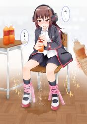 Rule 34 | 1girl, bdsm, black jacket, black socks, blue skirt, blurry, blurry background, blush, bondage, bottle, bound, bound legs, brown hair, chair, collared shirt, crying, desk, disembodied hand, drink, embarrassed, female focus, flat chest, full body, gokiburi no dashi, half-closed eyes, hands up, headphones, highres, holding, holding bottle, holding drink, indoors, jacket, japanese text, jump rope, kneehighs, long hair, long sleeves, looking at viewer, miniskirt, moaning, nose blush, on chair, open clothes, open jacket, open mouth, original, pee, peeing, peeing self, pleated skirt, pocket, pov, puddle, raised eyebrows, red eyes, red footwear, red trim, school chair, school desk, school uniform, shirt, shoes, sidelocks, sitting, skirt, socks, solo focus, speech bubble, steam, sweat, tea, tears, translation request, wet, wet clothes, wet skirt, white shirt, wooden floor
