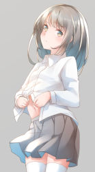 Rule 34 | 1girl, brown eyes, closed mouth, collared shirt, comah, commentary request, dress shirt, grey background, grey hair, grey skirt, highres, long hair, long sleeves, looking at viewer, navel, original, pleated skirt, shirt, simple background, skirt, solo, thighhighs, v-shaped eyebrows, white shirt, white thighhighs