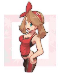 Rule 34 | 1girl, :d, bike shorts, blue eyes, bow, breasts, brown hair, butt crack, cleavage, collarbone, creatures (company), cropped legs, game freak, hair bow, hairband, hand on own hip, long hair, may (pokemon), medium breasts, nintendo, nyonn24, open mouth, pink bow, pink hairband, pokemon, pokemon oras, red shirt, shirt, sketch, sleeveless, sleeveless shirt, smile, solo, standing, swept bangs, white background