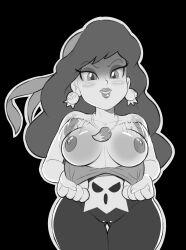 Rule 34 | 1girl, afterimage, bandana, bare shoulders, belt buckle, black background, blush, bouncing breasts, breasts, breasts apart, buckle, cameltoe, captain syrup, cleft of venus, clothes pull, collarbone, commission, cowboy shot, earrings, eyeshadow, female focus, flashing, gluteal fold, greyscale, half-closed eyes, happy, jewelry, large breasts, lips, lipstick, long hair, looking at viewer, makeup, monochrome, motion lines, necklace, nintendo, nipples, outline, pants, parted lips, pulled by self, rockthebull, shirt pull, simple background, skull belt, smile, solo, standing, thick thighs, thighs, wario land, wario land shake it, white outline, wide hips