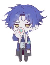 Rule 34 | 1boy, 3cnfw, ascot, bags under eyes, black pants, blue ascot, blue coat, blue hair, chesed (project moon), chibi, coat, collared shirt, exhausted, grey vest, hand up, highres, lobotomy corporation, looking at viewer, pants, project moon, shirt, simple background, solo, vest, white background, white shirt, yellow eyes
