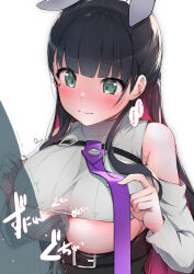 Rule 34 | 1boy, 1girl, black hair, blush, breasts, charlotte (mary skelter), closed mouth, clothed female nude male, commentary request, dermar, green eyes, grey sweater, hetero, highres, large breasts, long hair, mary skelter, mole, mole under eye, motion lines, necktie, nude, paizuri, penis, perpendicular paizuri, purple necktie, ribbed sweater, simple background, smile, sweater, turtleneck, turtleneck sweater, underboob, white background