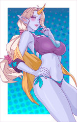 Rule 34 | 1girl, alexa love, bad anatomy, bikini, blush, breasts, colored skin, grey skin, hand on own hip, highres, horns, jacket, large breasts, league of legends, lipstick, long hair, looking at viewer, makeup, nail polish, off shoulder, pointy ears, ponytail, purple bikini, purple eyes, red lips, red nails, single horn, soraka (league of legends), standing, swimsuit, yellow jacket