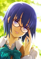 Rule 34 | 1girl, absurdres, adjusting eyewear, artist name, black-framed eyewear, blue eyes, blue hair, bow, bowtie, buttons, ciel (tsukihime), closed mouth, collared shirt, commentary, fingernails, glasses, green bow, green bowtie, hair between eyes, head tilt, highres, long sleeves, looking at viewer, school uniform, shirt, short hair, solo, tongue, tongue out, tsukihime, tsukihime (remake), twitter username, uniform, upper body, vest, white shirt, yellow vest, zap
